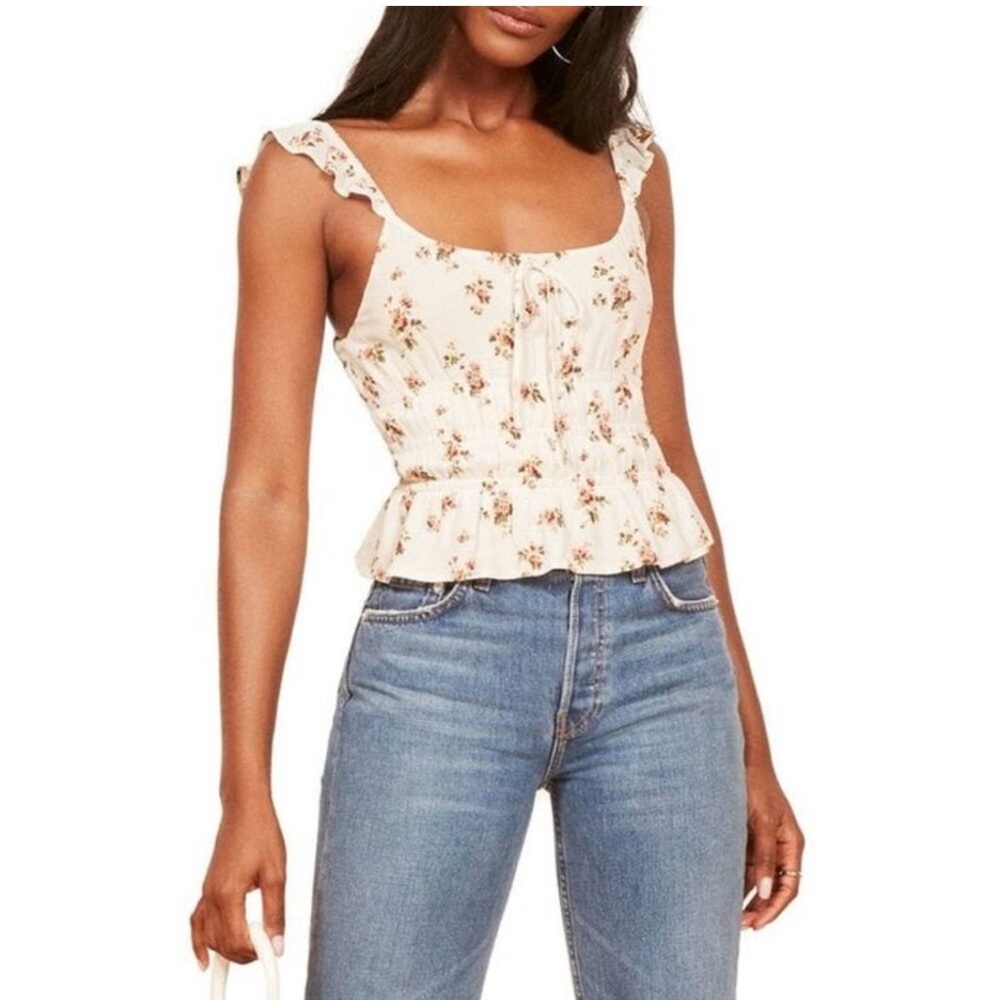 NWT Reformation Aurora Geraldine White Floral Ruffle Sleeve Bow Top Wmns XL